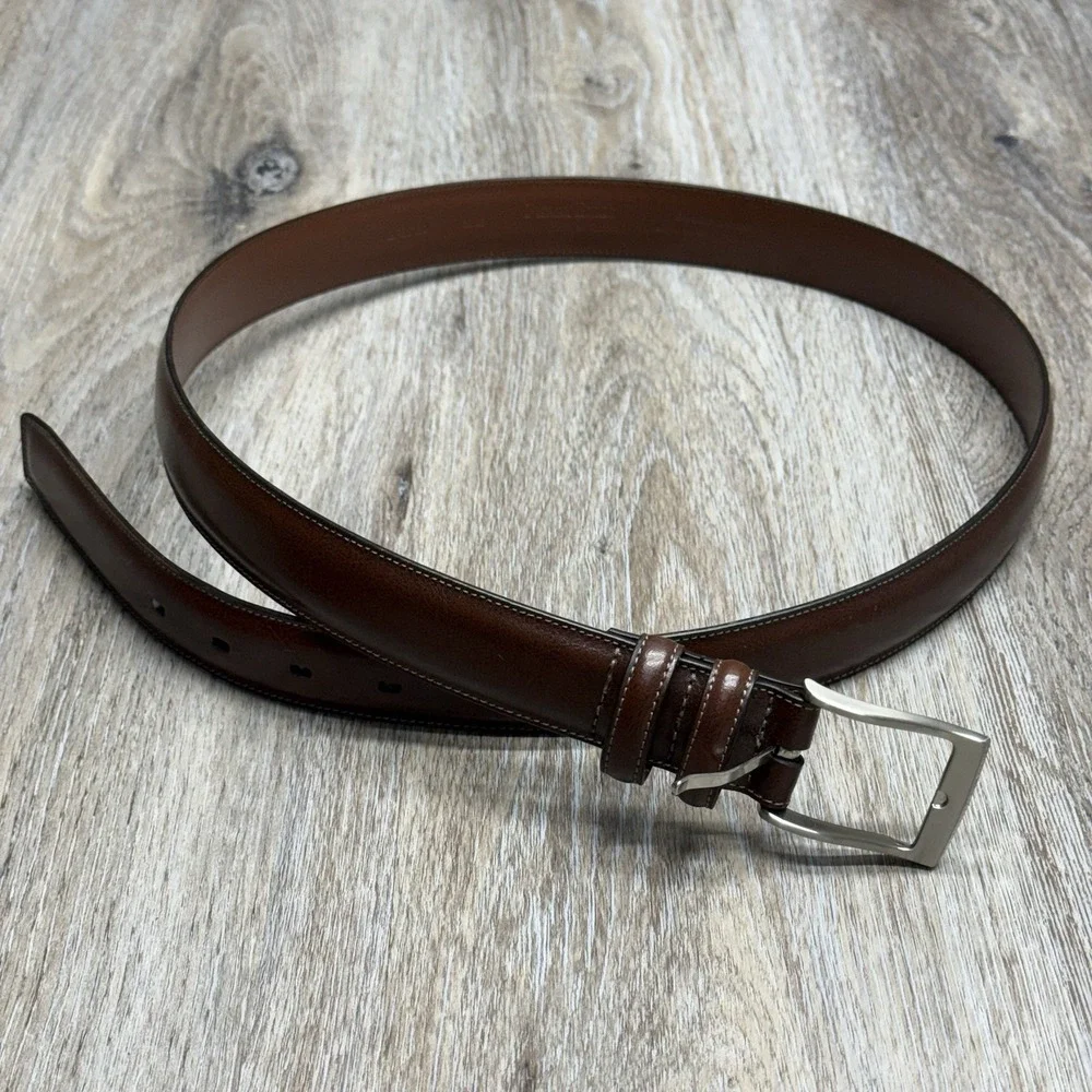 Perry Ellis Dress Belt Mens 38/95 Brown Bonded Leather Silver Buckle